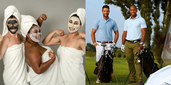 Women at the spa and men golfing